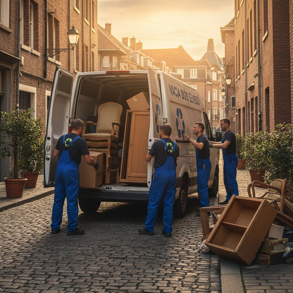 uma fotografia de un furgon blango y de marca renaul con personajes descargando cajas y muebles viejos  y en la furgoneta logo de vaciados Elyseo y en la ropa de los personages y un logo de reciclaje