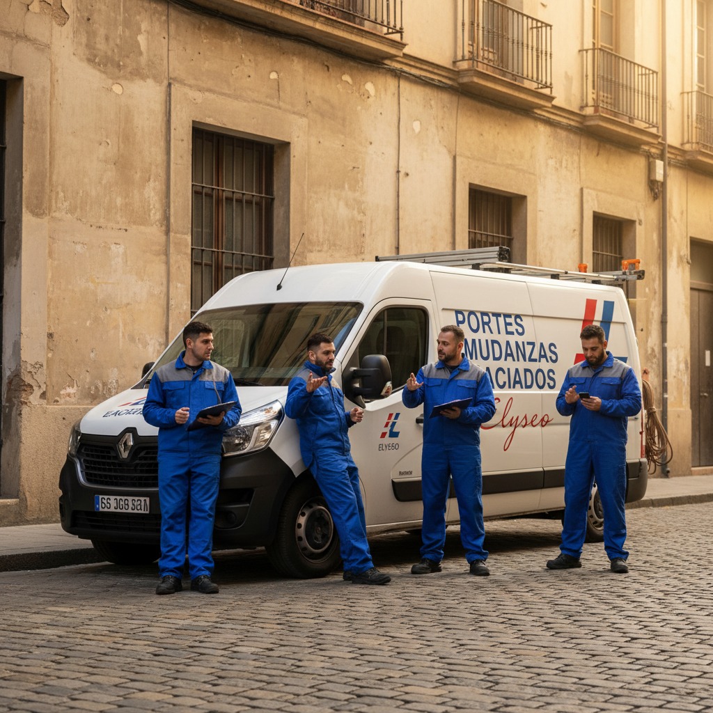 un furgon renaul blanco con unos personajes esperando a trabajar y con logos de portes, mudanzas y vaciados Elyseo