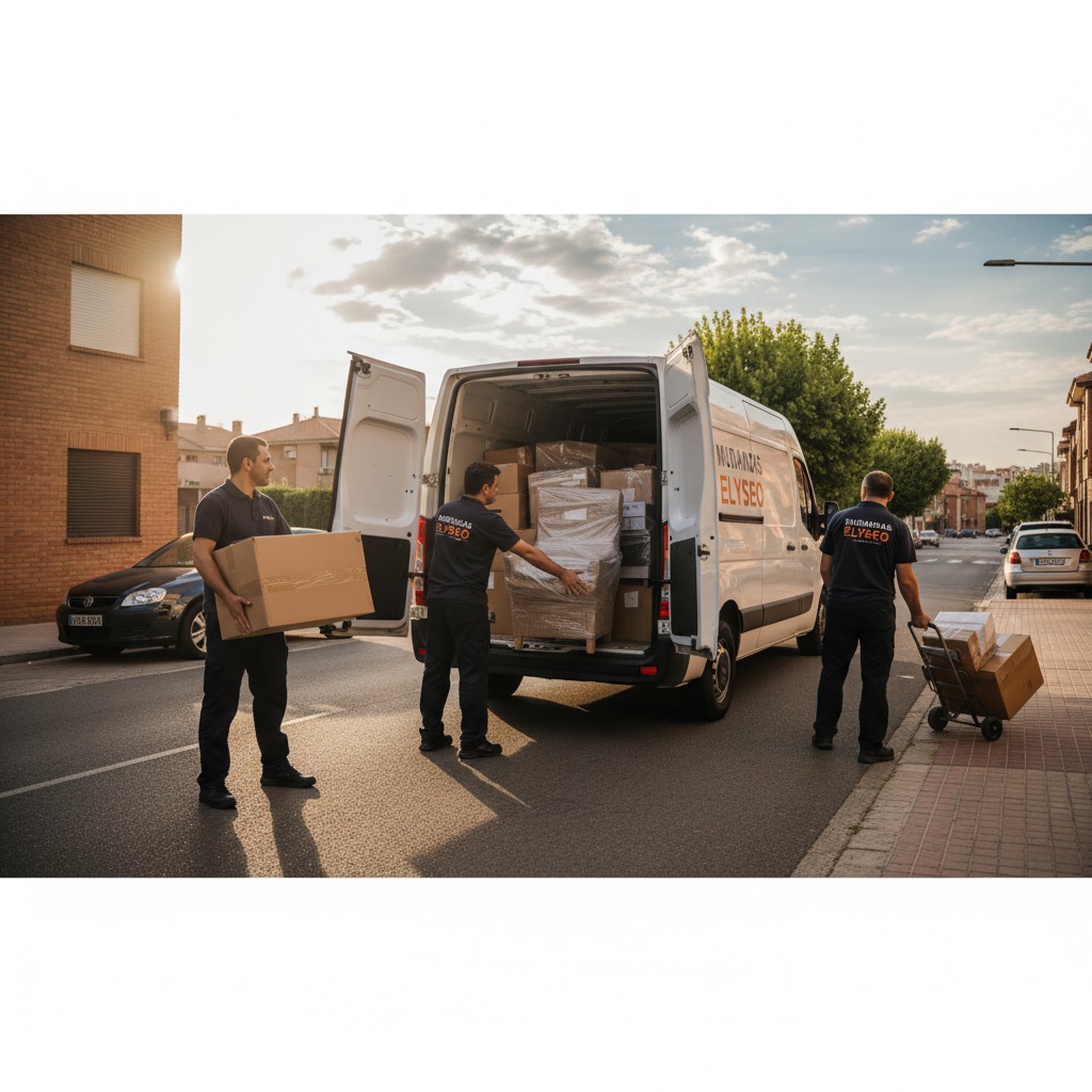 uma fotografia de un furgon blango y de marca renaul con personajes descargando cajas y muebles embalados y en la furgoneta logo de mudanzas Elyseo y en la ropa de los personages